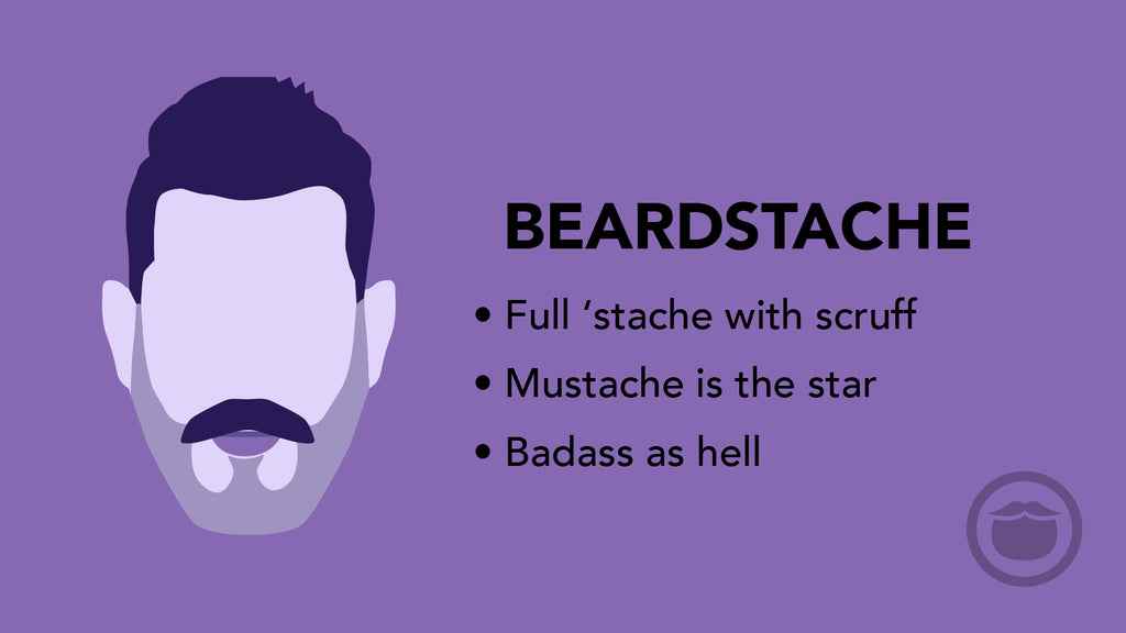 A colorful graphic of a beardstache, and bullet point highlights of this mustache style.