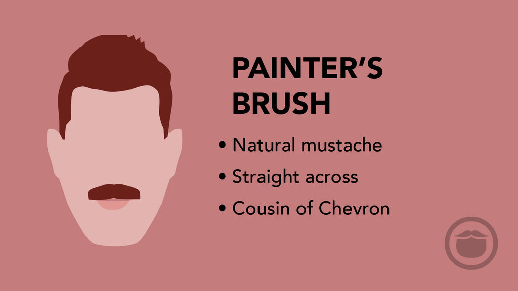 A colorful graphic of a painter’s brush mustache, and bullet point highlights of this mustache style.