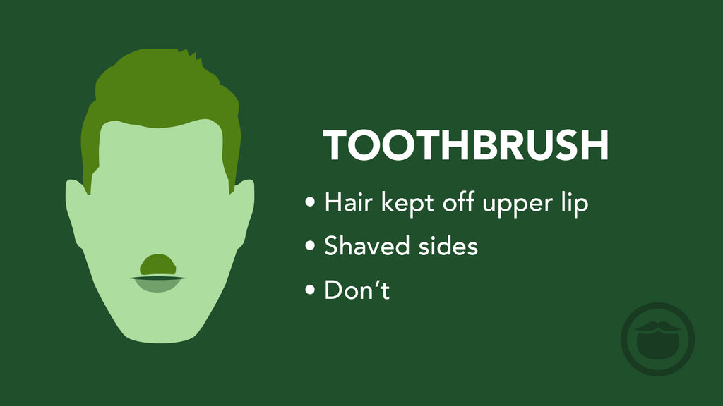 A colorful graphic of a toothbrush mustache, and bullet point highlights of this mustache style.