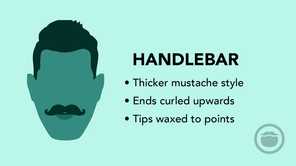 A colorful graphic of a handlebar mustache, and bullet point highlights of this mustache style.