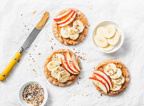 toast with peanut butter, apples and banana