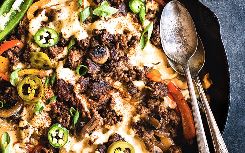 Gluten-Free Ground Beef Philly Cheesesteak Skillet