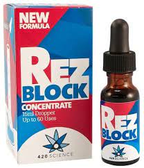 a glass bong cleaning additive called RezBlock is featured in dropper and packaging form