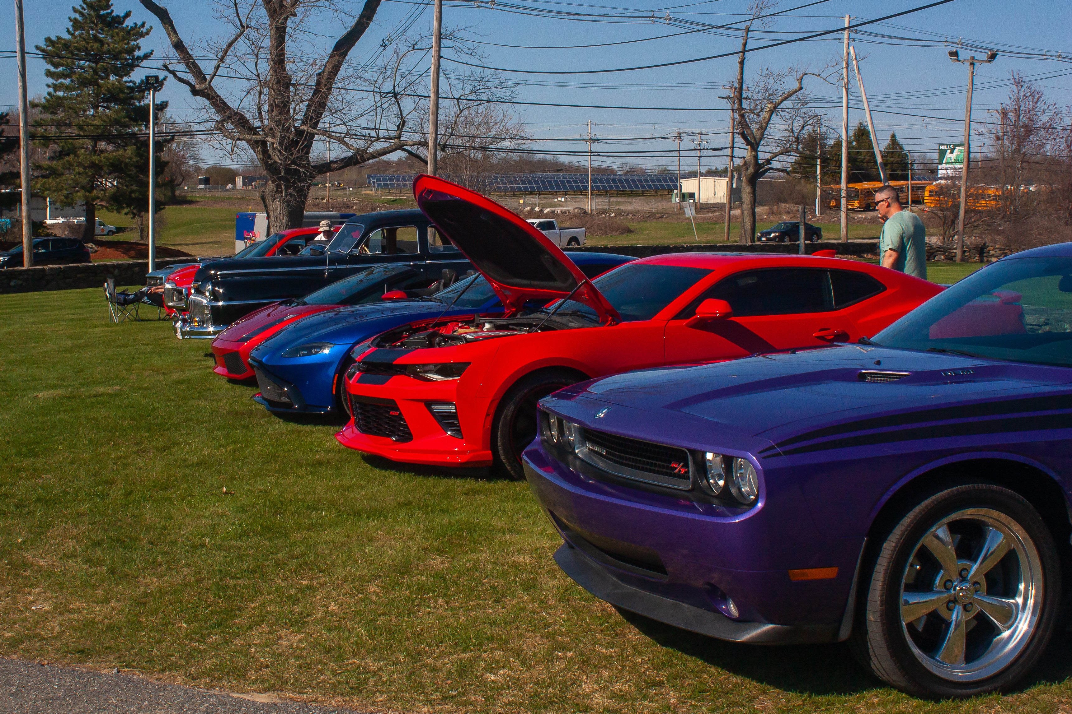 car show line of cars, challenger in front