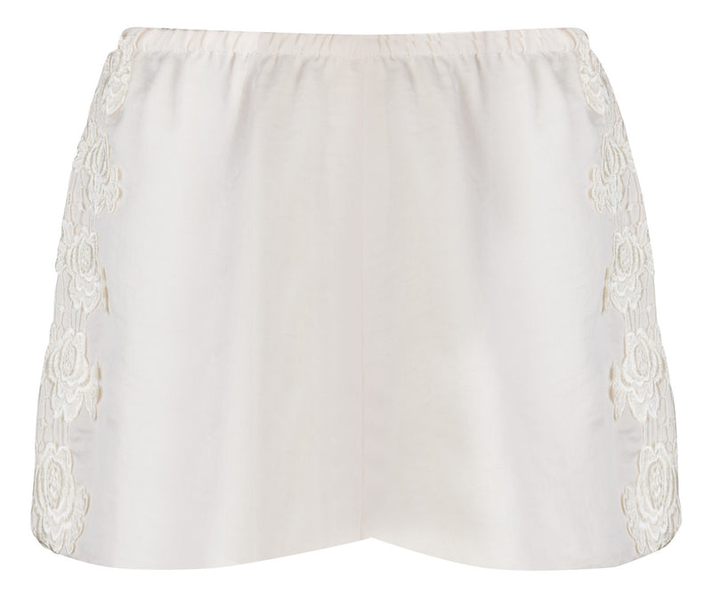 WHITE SATIN AND VENICE LACE TRIM SHORTS