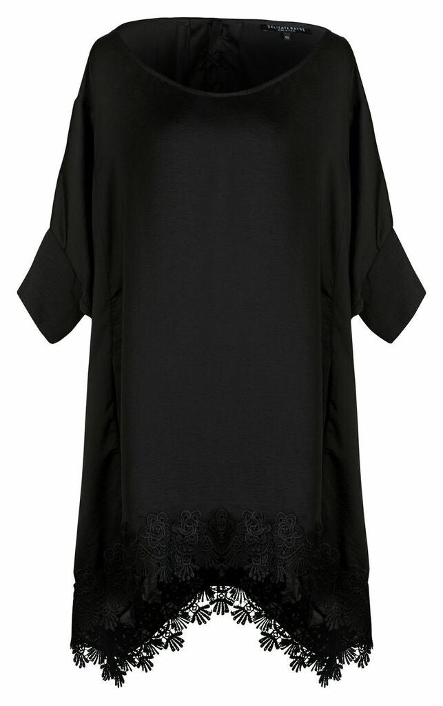 BLACK SATIN and VENICE LACE TRIM TIE BACK TUNIC Delikate Rayne