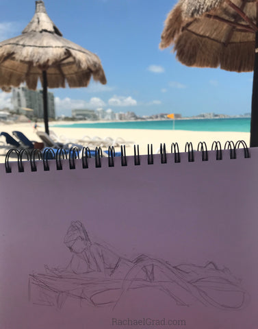 Woman resting beach club med Cancún Yucatan Mexico by Artist Rachael Grad drawing pencil sketch
