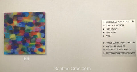 2019-04-08 Colorful Abstract Art Prints on View at the Hilton Toronto/Markham Suites by artist rachael grad april 2019 hotel sign unionville