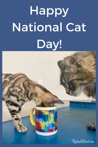 Happy National Cat Day Cats and Abstract Art Mug by Toronto Artist Rachael Grad