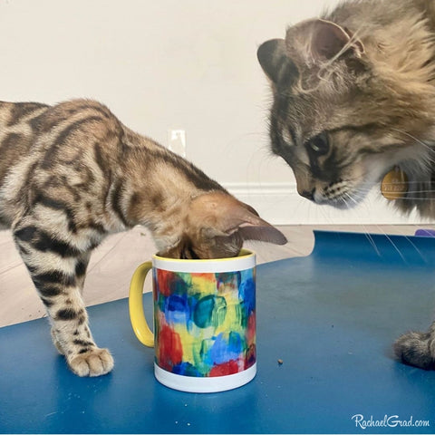 cats with abstract art mug by artist Rachael Grad