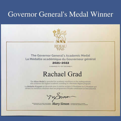 Governor General medal winner certificate for Rachael Grad