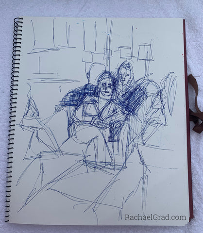 Sketchbook Drawing of Travellers at Toronto Pearson Airport by Artist Rachael Grad   