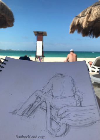 At Club Med Cancún Yucatan Sketches & Pencil Drawings on the Beach in Mexico Man reading pencil 
