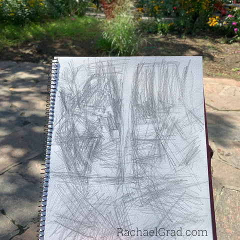 Sketchbook Drawing in Yorkville Park, Toronto by Artist Rachael Grad With park in background 