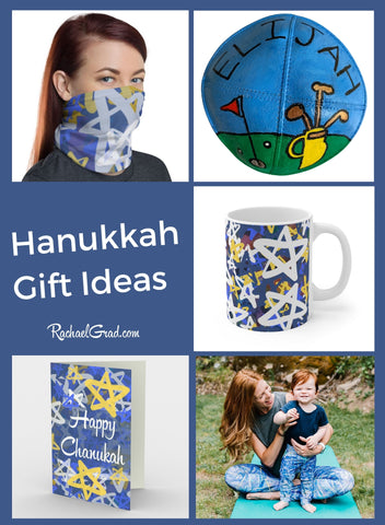 Hanukkah Gift Ideas by Canadian Artist Rachael Grad with face mask and other gifts