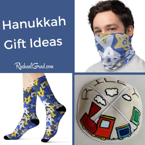 Hanukkah Gift Ideas by Toronto Artist Rachael Grad Hanukkah Gift Ideas with face mask socks kippah