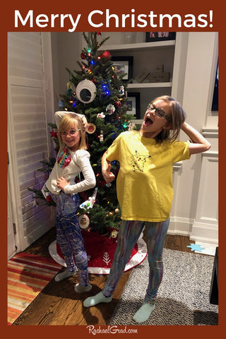 Mery Christmas colorful Art Leggings by Toronto Artist Rachael Grad on Beth's Girls with Christmas Tree