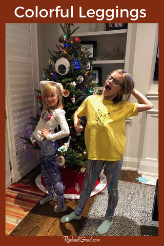 colorful Art Leggings by Toronto Artist Rachael Grad on Beth's Girls with Christmas Tree