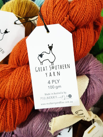 great southern yarn tag on a skein of burnt orange aussie made wool