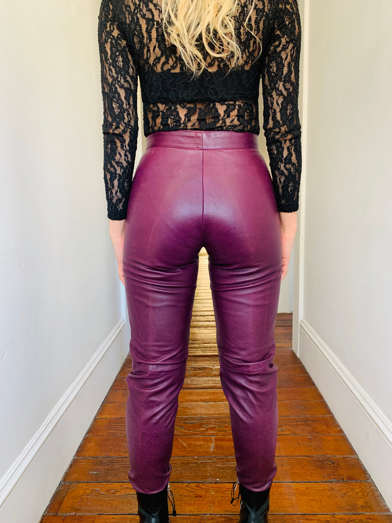 plum leather pants