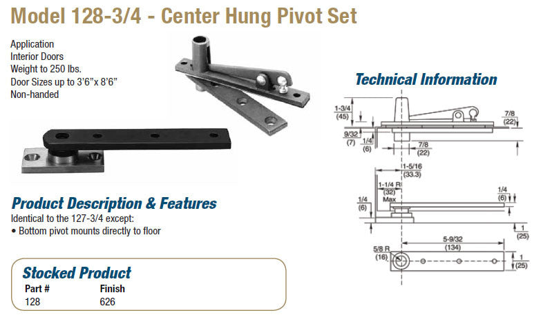 Model 128 3 4 Center Hung Pivot Set