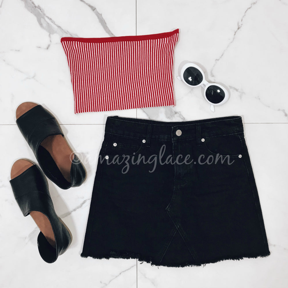 red and black skirt outfit