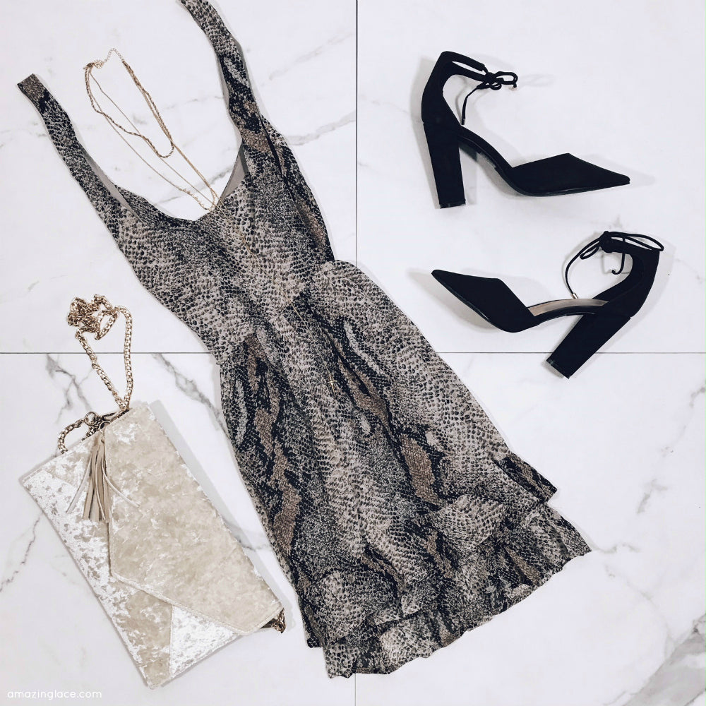 SNAKE SKIN SLEEVELESS DRESS AND HEELS OUTFIT– Amazing Lace