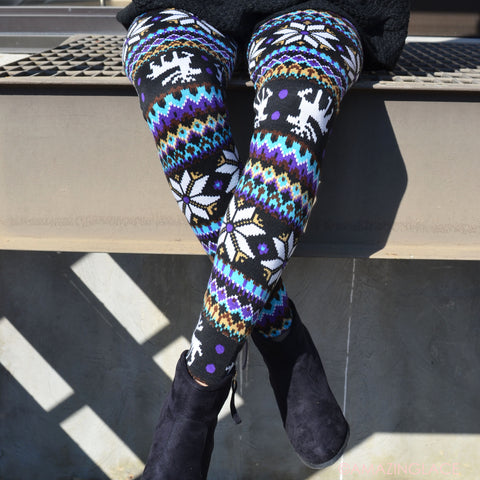 Tinseltown Blue Fleece Lined Fair Isle Printed Leggings