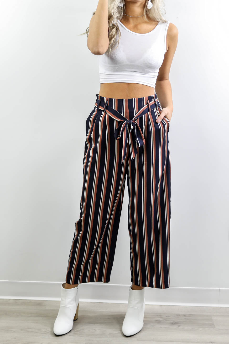 brown and white striped pants