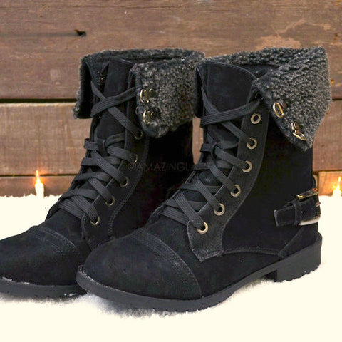 Cambridge Black Fur Cuff Lace Up Boots