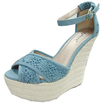 Lovey Dovey Blue Crochet Lace Wedge Sandals