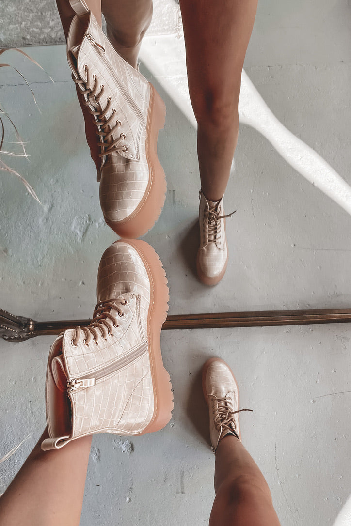 nude lace up boots