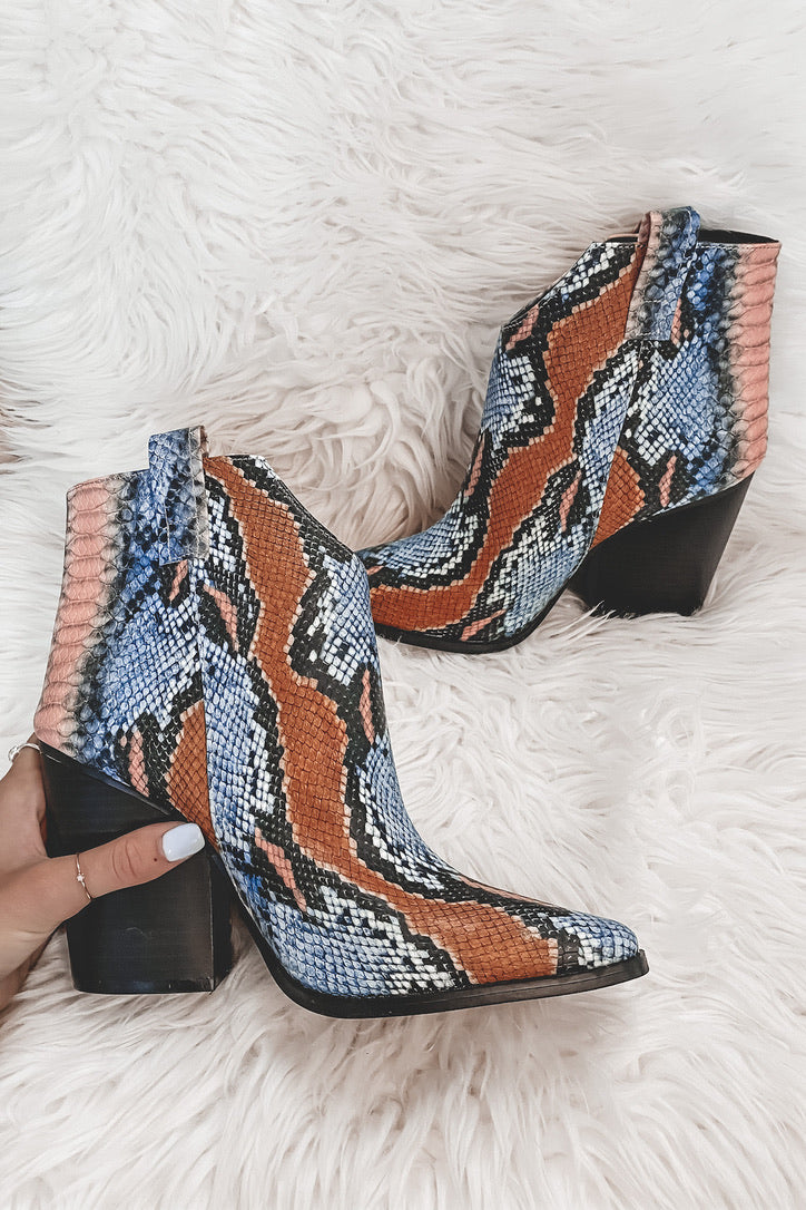 multi colored snakeskin booties