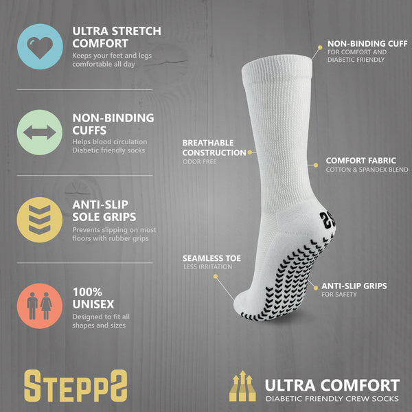 Ultra Comfort Diabetic Socks with Non-Slip Grips - White (3 Pack