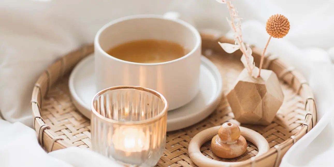 Bare biology lifestyle image of hot tea in white mug 