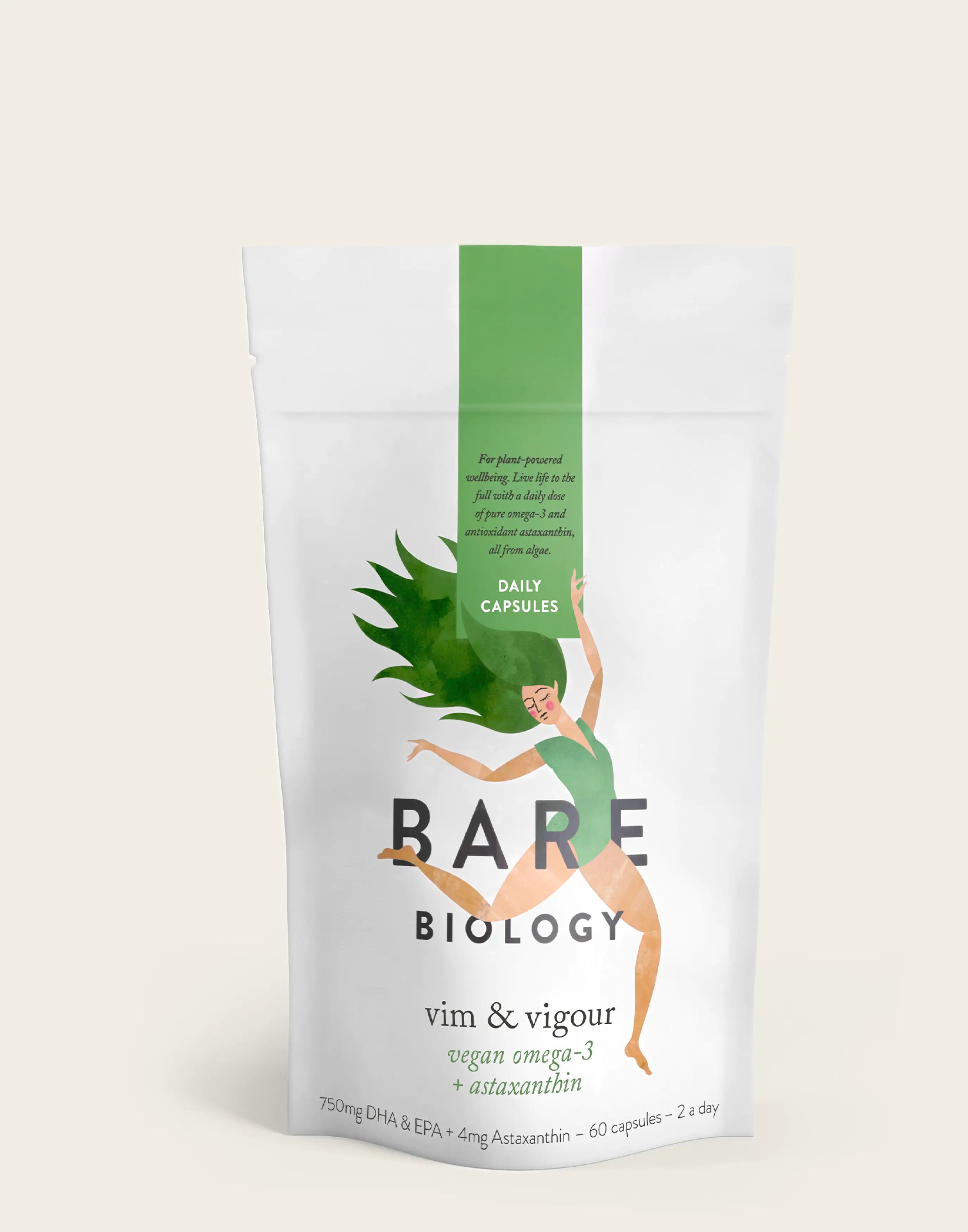 View Vegan Omega3 Capsules Vim Vigour Made From Sustainable Algae 100 Plant Based Supplement Letterbox Friendly Paper Pouch Bare Biology information