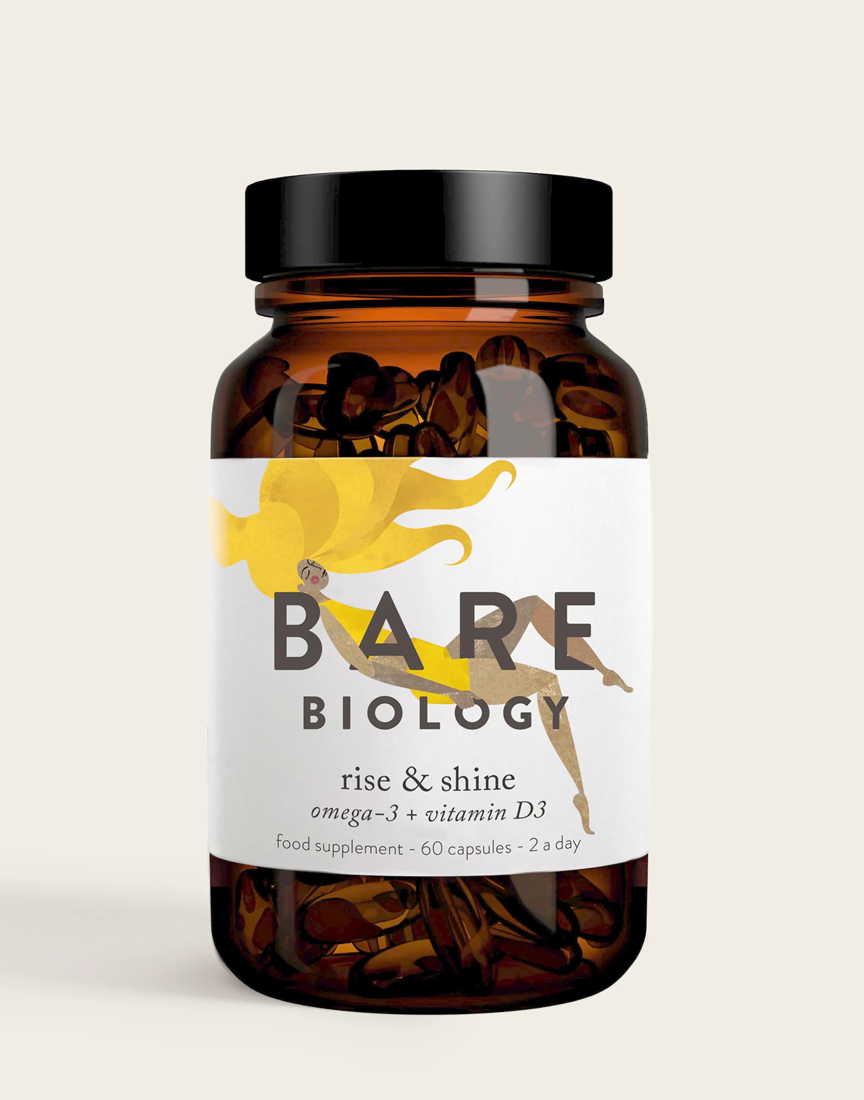 View Omega3 Vitamin D3 Capsules Rise Shine Brain Immunity Care In One 1000IU D3 1320mg Omega3 Glass Jar Bare Biology information