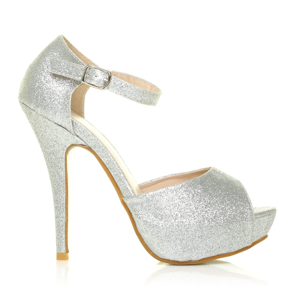 silver glitter peep toe heels