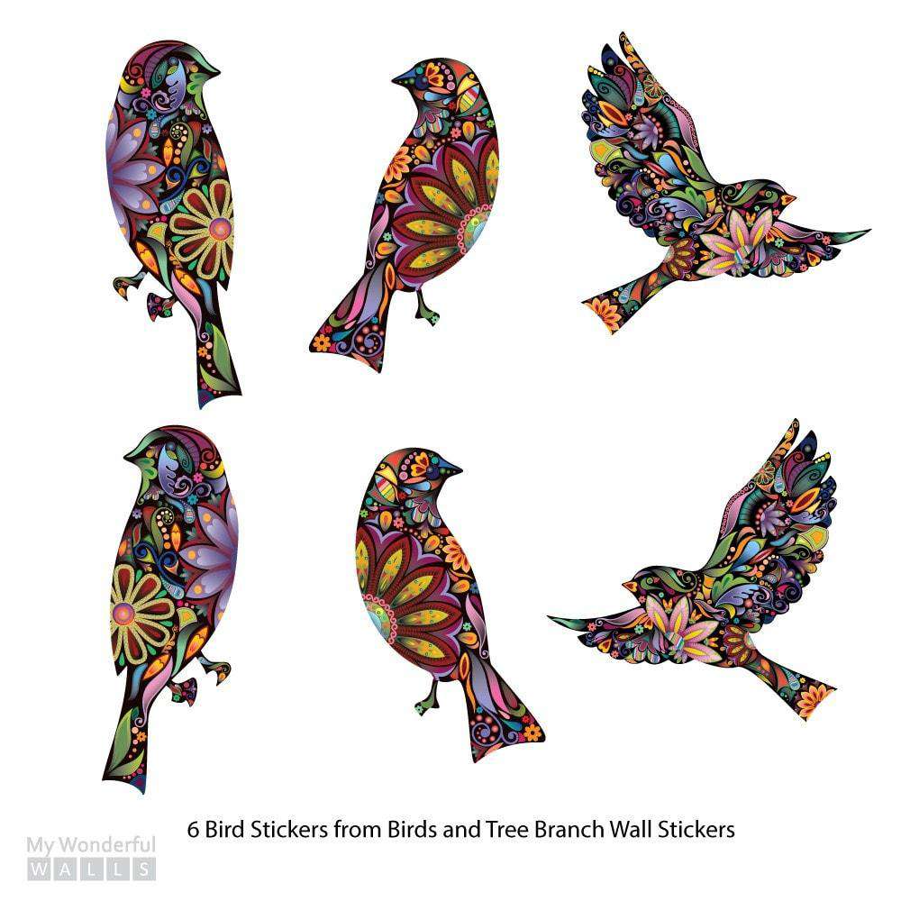 Bird Stickers in Lovely Flower Pattern - Set of 6 Bird Decals – My