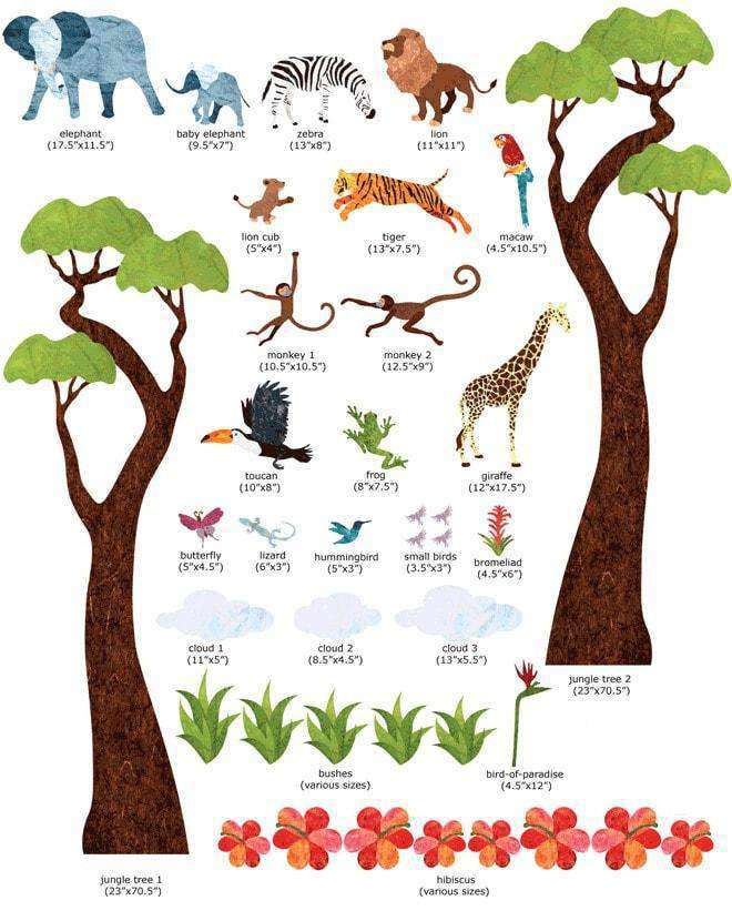 Large Safari Animals and Monkey Wall Decals, Jungle Animal Wall Sticke