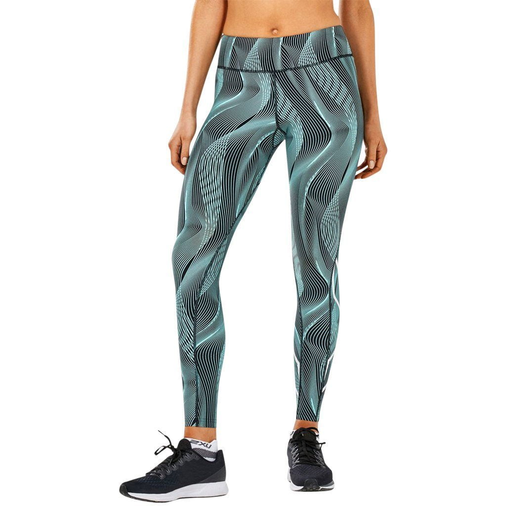 2XU Mid-Rise Print Tight w Storage Aruba Blue Vertical Curve/White