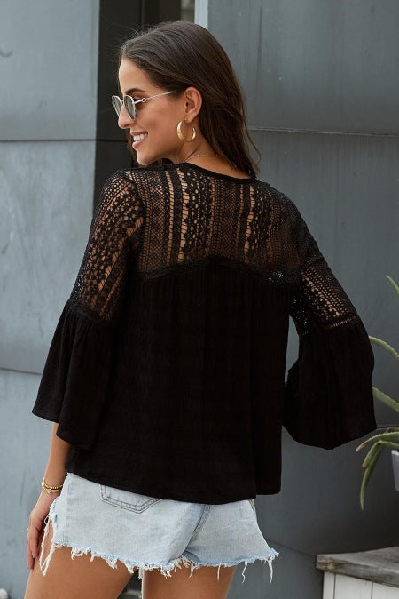 'Alaina' Lace V-Neck Blouse with Flare Sleeve (3 Colours)