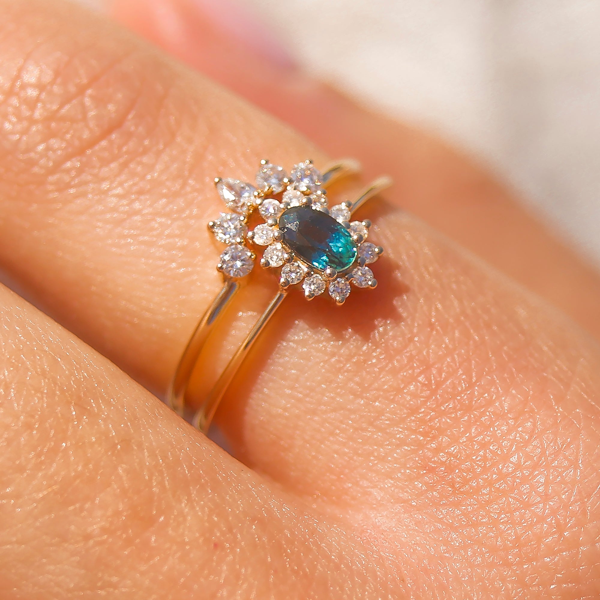 14kt Teal Sapphire and Diamond Fleurette Ring
