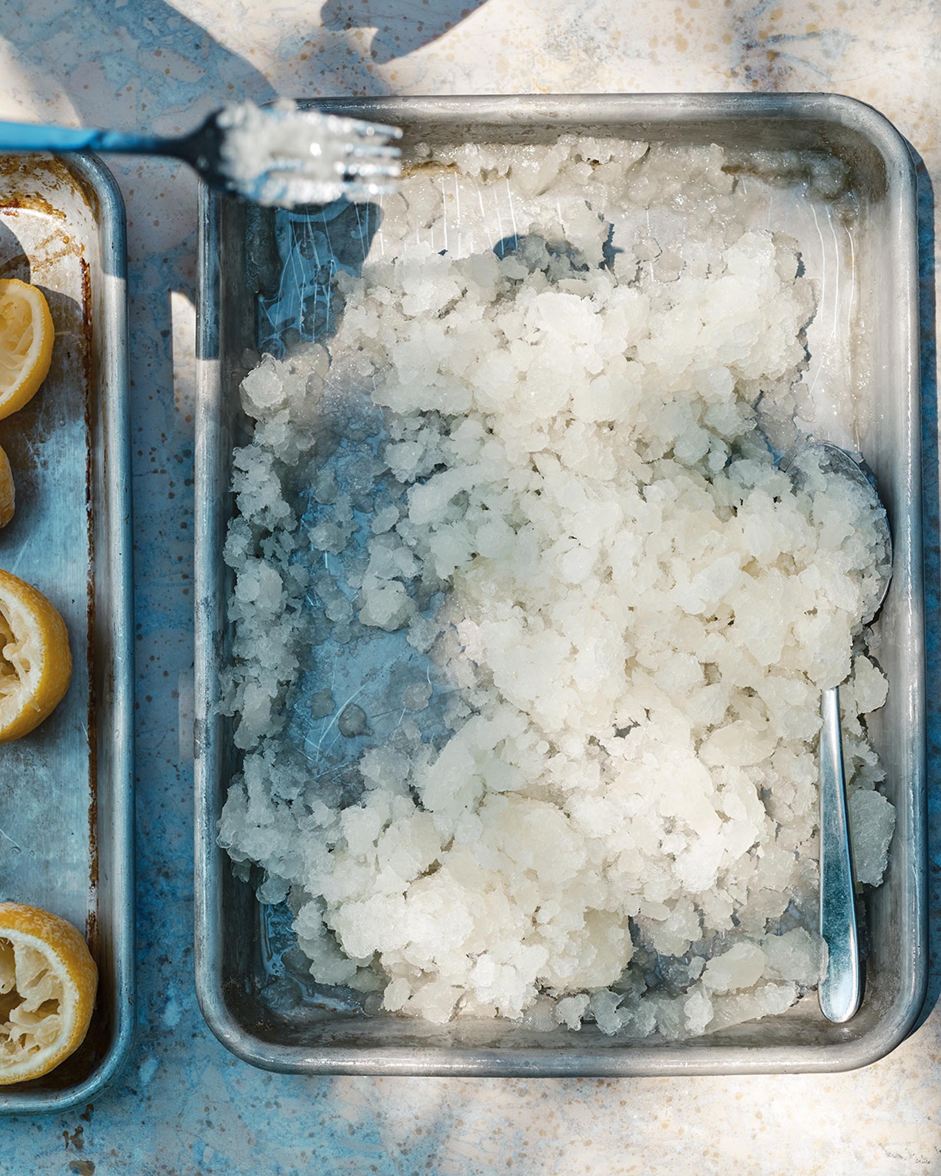 crushed ice on a metal tray