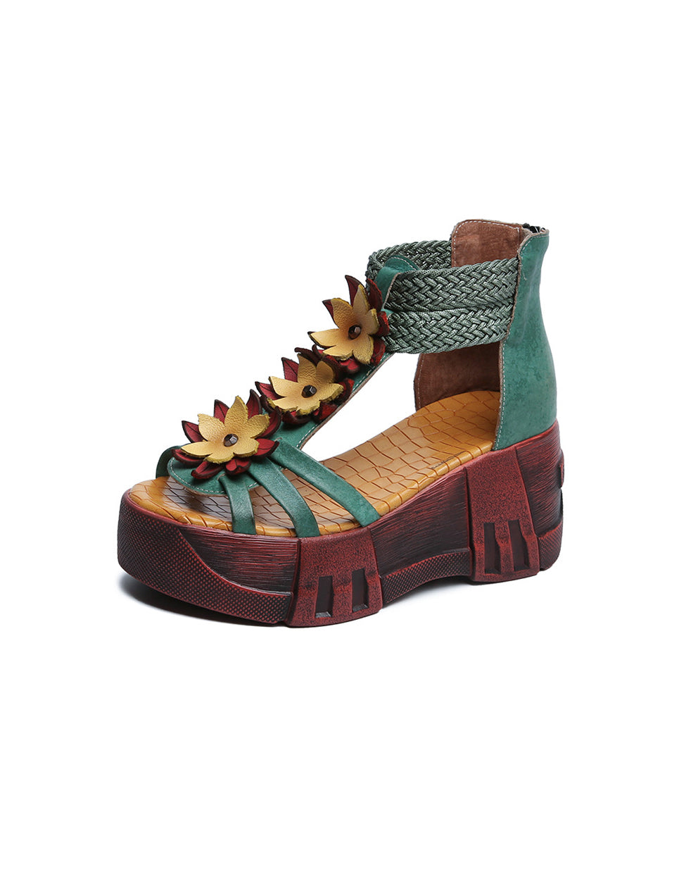 Handmade Retro Leather Flower Platform Sandals — Obiono