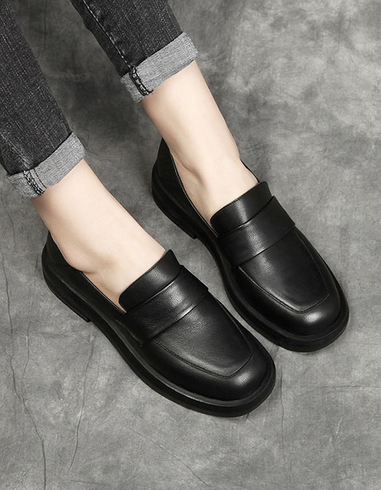 Cowhide Spring Simple Black Leather Flats Work — Obiono
