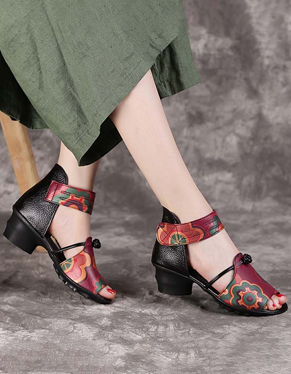 Leather Printed Ethnic Style Fish-toe Chunky Sandals — Obiono