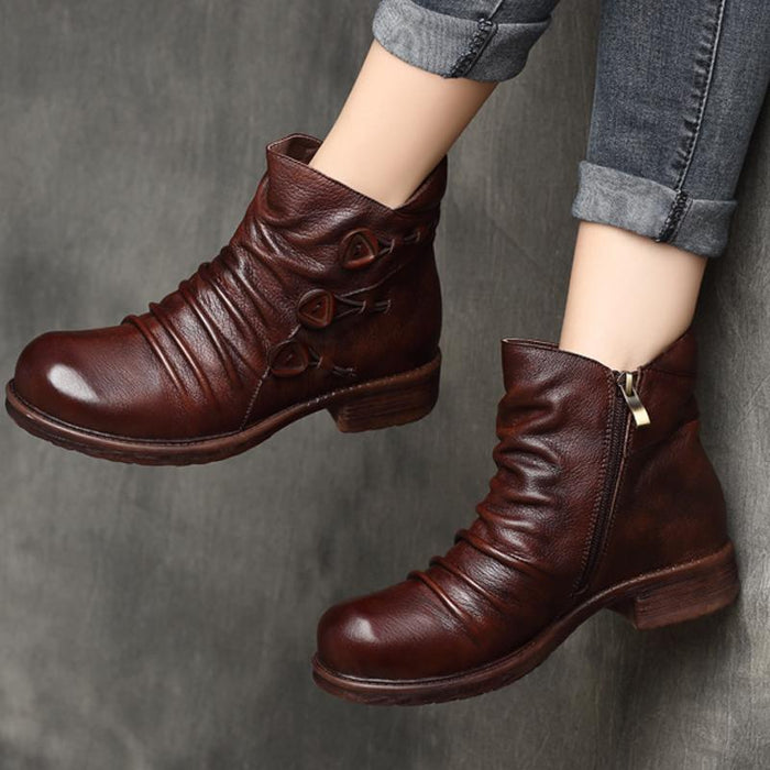 Handmade Pleated Retro Leather Women's Boots — Obiono