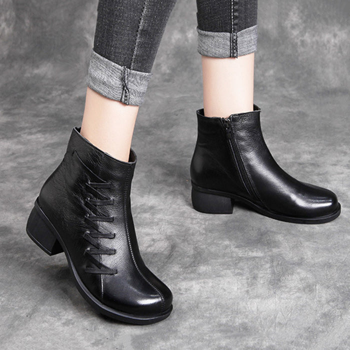 Leather Retro Thick Heel Short Women's Boots — Obiono