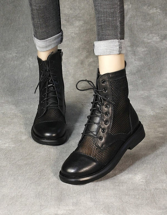 New Retro Leather Mesh Summer Black Boots — Obiono